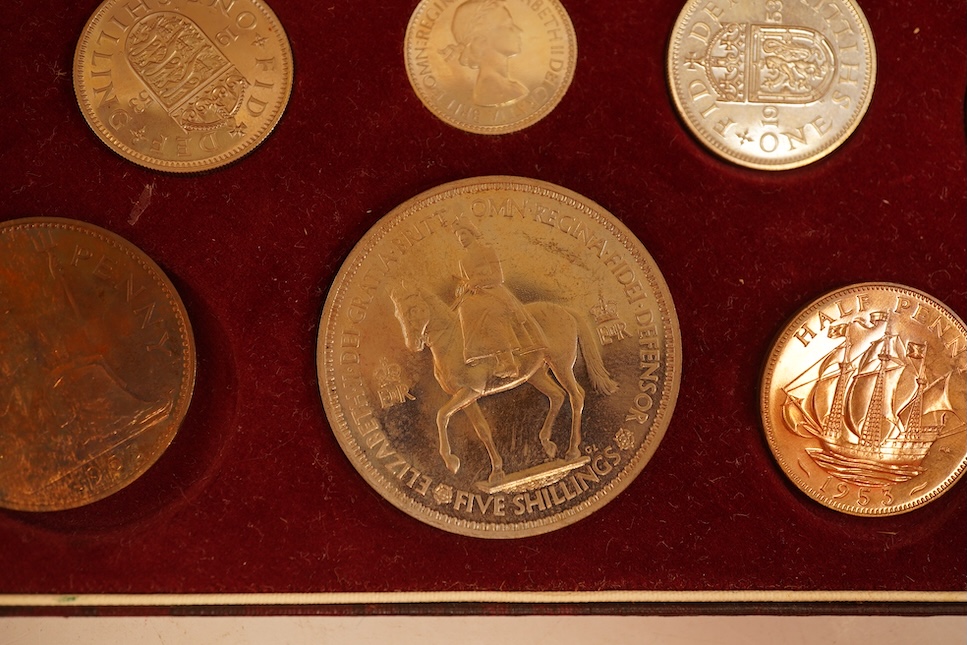 British coins, Elizabeth II, 1953 coronation proof coin set, UNC retaining much lustre, the fitted case with staining to the interior